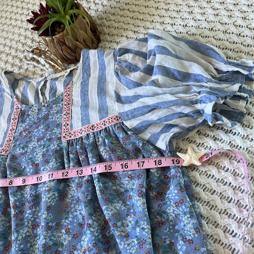 ENTRO Floral and Striped Blouse with Puffed Sleeves | S - Picture 8 of 10